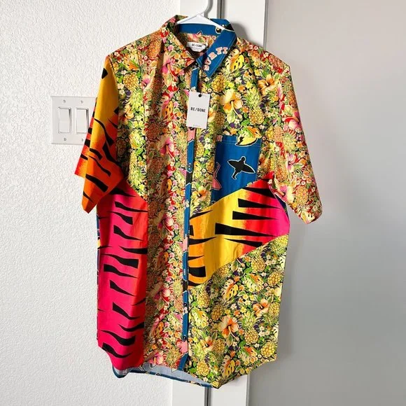 *$450 NWT RE/DONE MULTI PINEAPPLE OVERSIZED SHIRT DRESS SZ SMALL - Picture 2 of 8